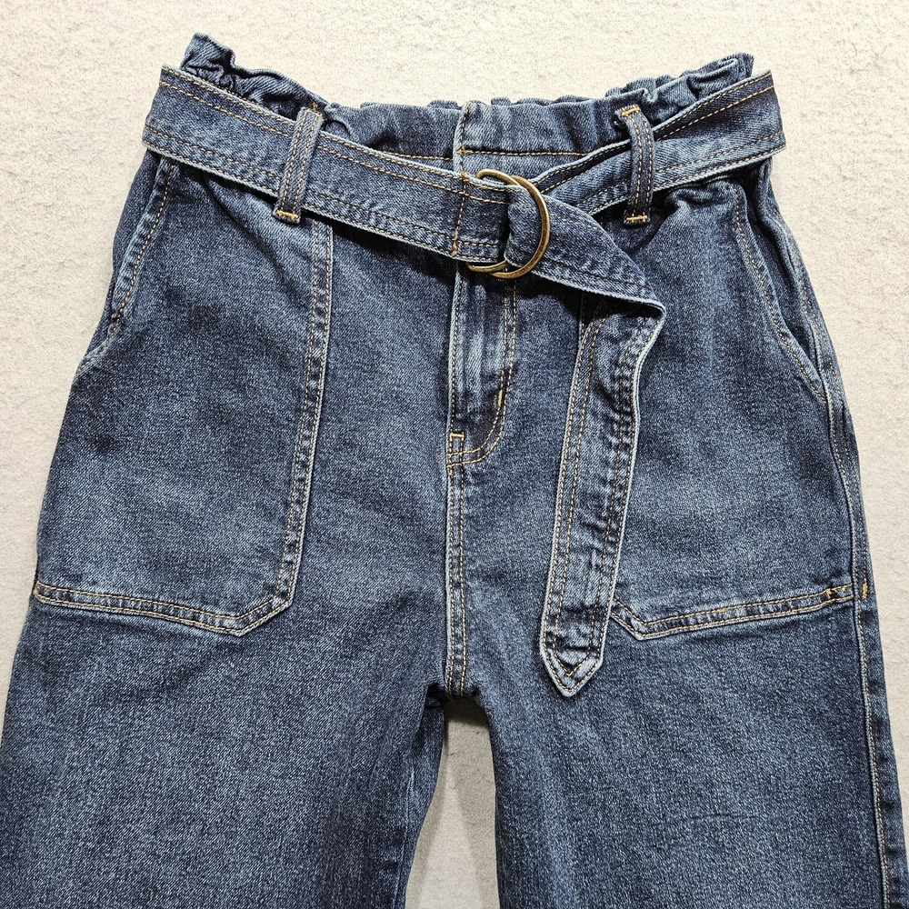 Time & Tru High Waist Paper Bag Jeans Womens 6 Blue Dark Wash w/ Belt Crop Capri - Picture 3 of 11